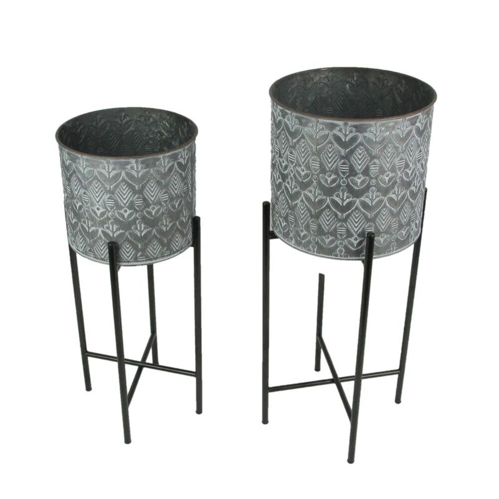 Set of 2 Galvanized Metal Planters With Stands Rustic Flower Pot Garden Decor